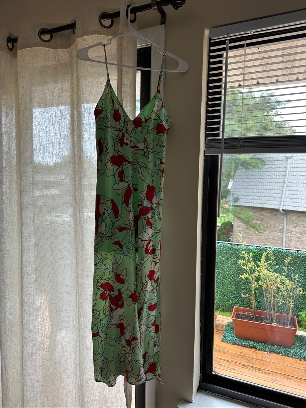 REVOLVE Green Slip Dress with Red Floral Print